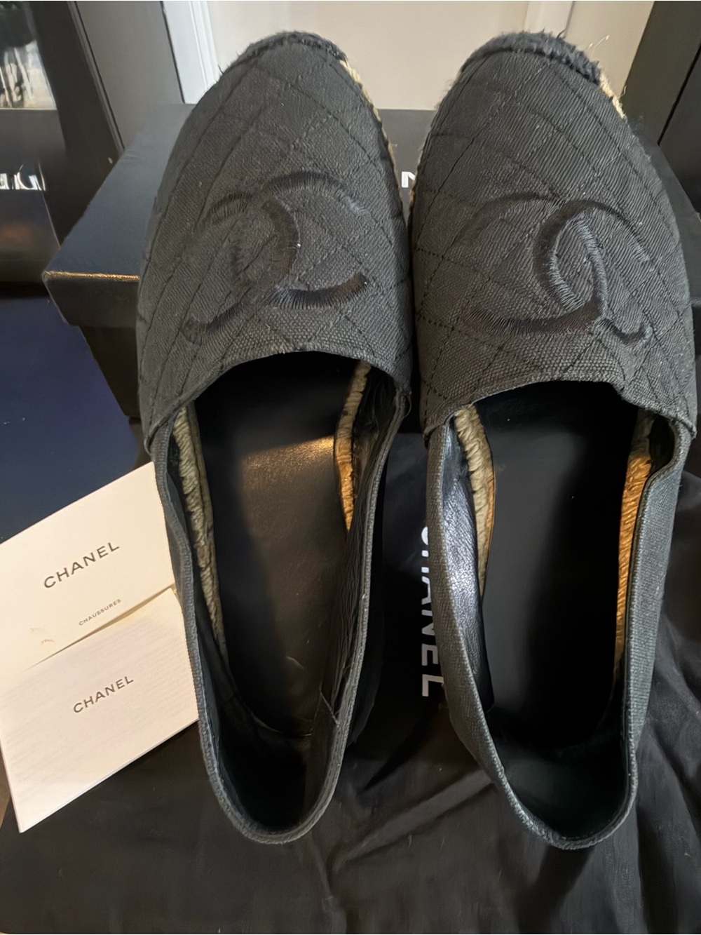 Authentic CHANEL Black Quilted Canvas Espadrilles with CC Motif